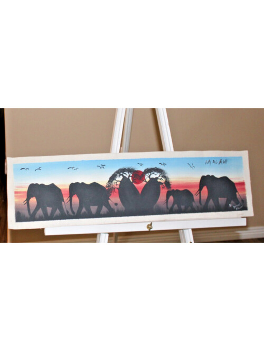 Handptd African Art Mural on Canvas Elephant Family Sunset Signed 27"x7" Malawi